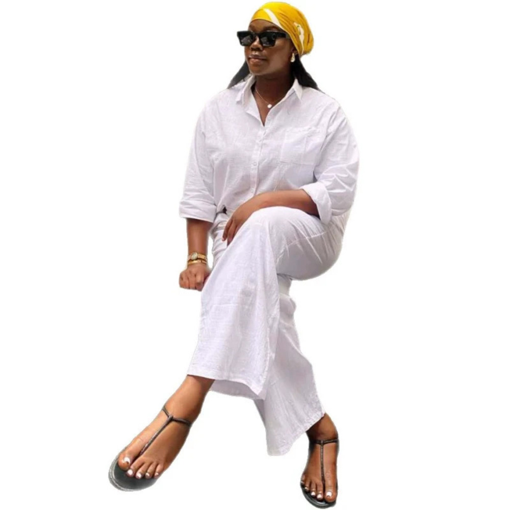 ZARA White Loose Long Sleeve Spread Collar Shirt African Chic Wide Leg Pants Set